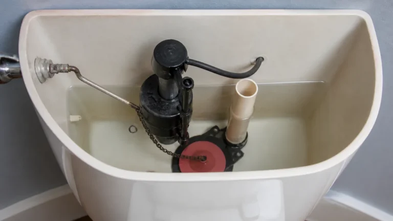 Open toilet tank showing flush handle, lift chain, flapper, and water level during a stuck flush check