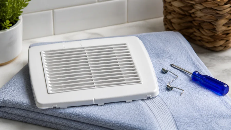 Bathroom exhaust fan cover with spring clips being aligned to the ceiling housing