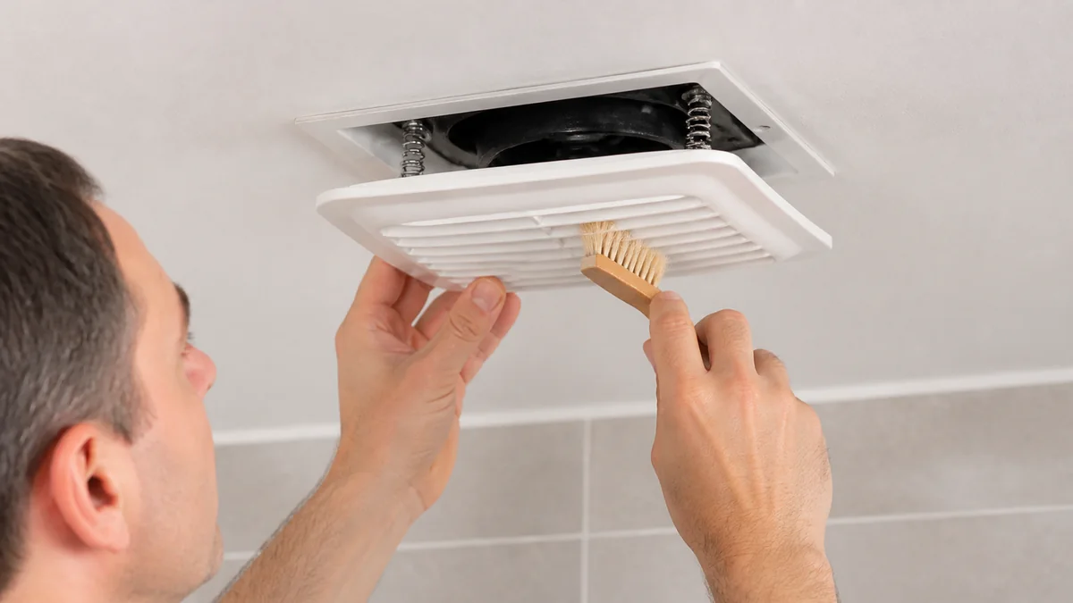 Bathroom exhaust fan cover with spring clips being aligned to the ceiling housing