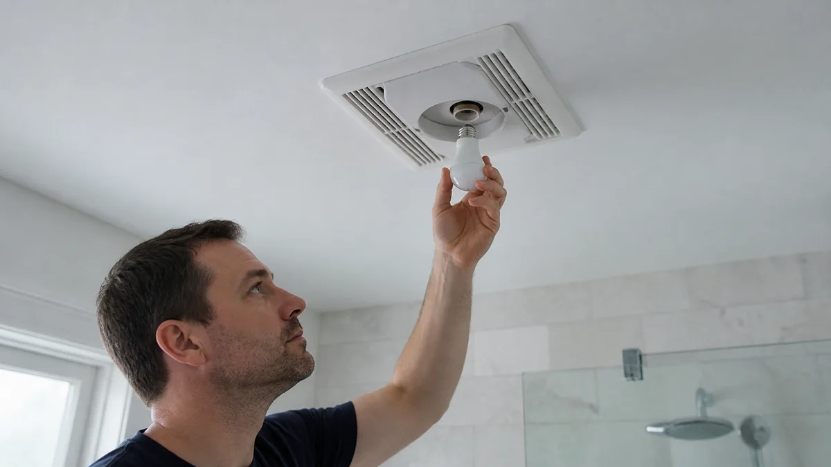 Bathroom exhaust fan light grille and bulb socket checked with power switched off