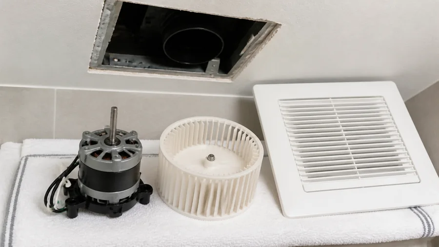 Bathroom exhaust fan motor and blower wheel inspected after removing the grille
