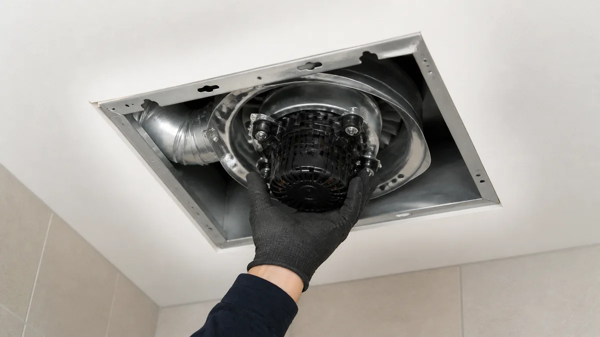 Bathroom exhaust fan motor and blower wheel inspected after removing the grille
