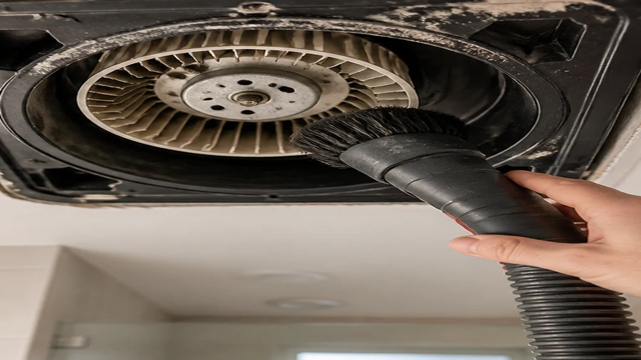 Bathroom exhaust fan inspected for a squeaking blower wheel or loose grille