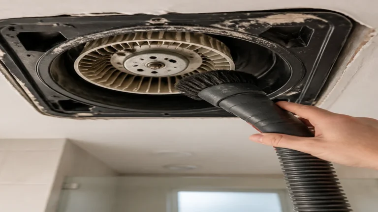 Bathroom exhaust fan inspected for a squeaking blower wheel or loose grille