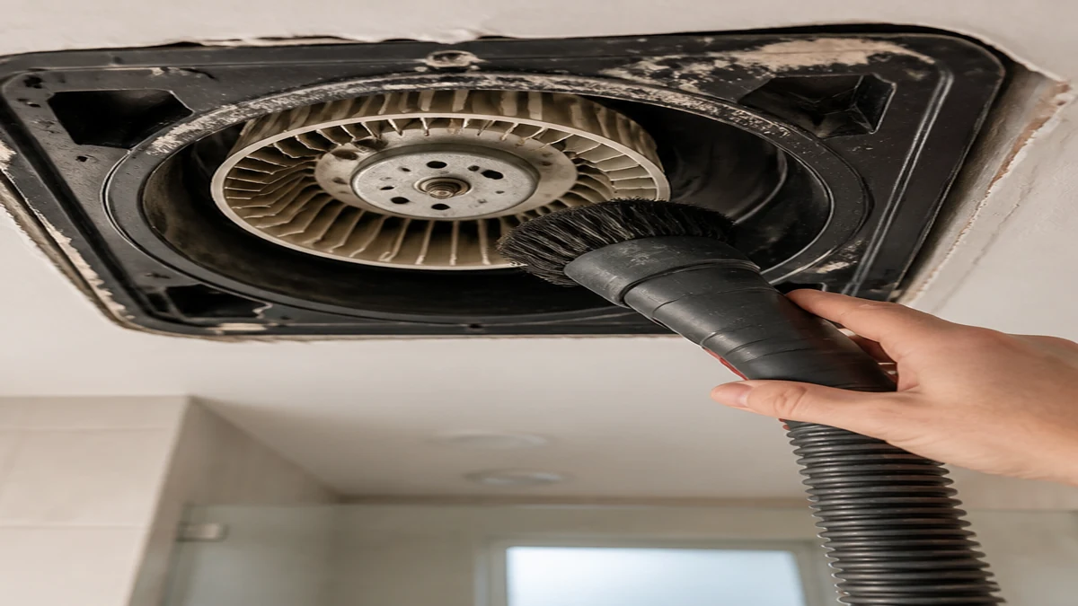 Bathroom exhaust fan inspected for a squeaking blower wheel or loose grille