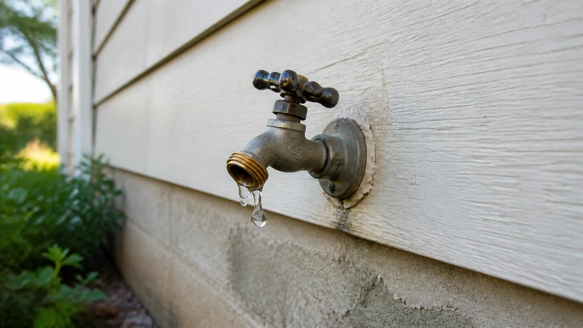 Outdoor hose faucet being checked for a drip at the spout and hose connection