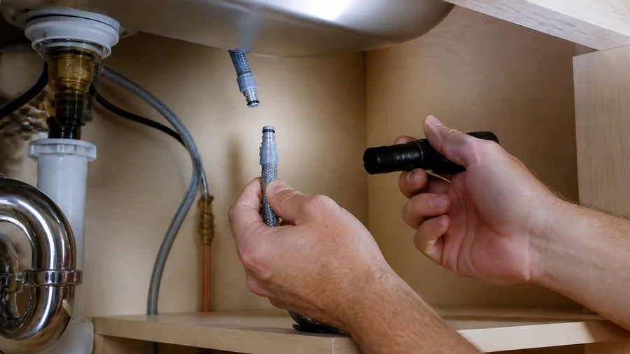 Pull-down kitchen faucet hose and quick connector inspected under a sink for a small leak