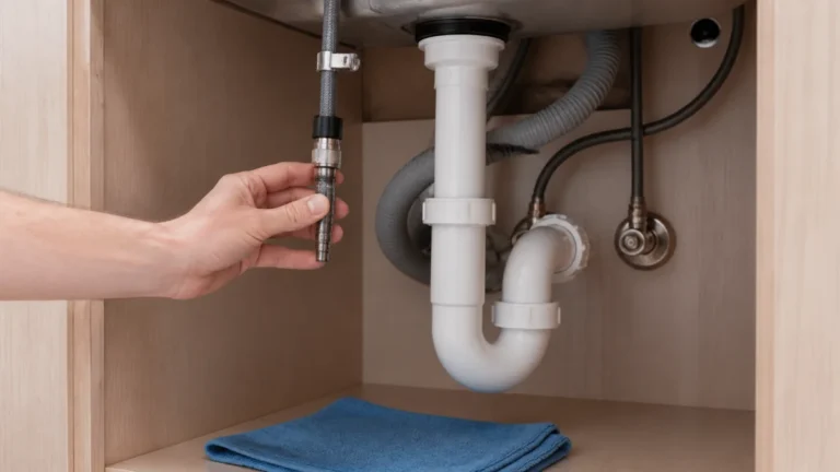 Pull-down kitchen faucet hose and quick connector inspected under a sink for a small leak