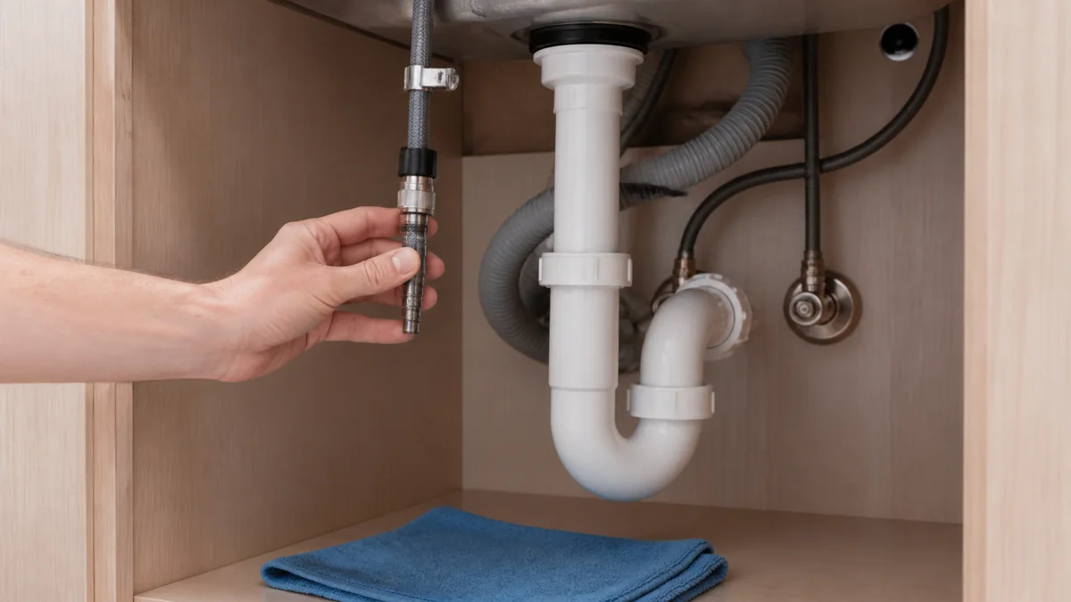 Pull-down kitchen faucet hose and quick connector inspected under a sink for a small leak
