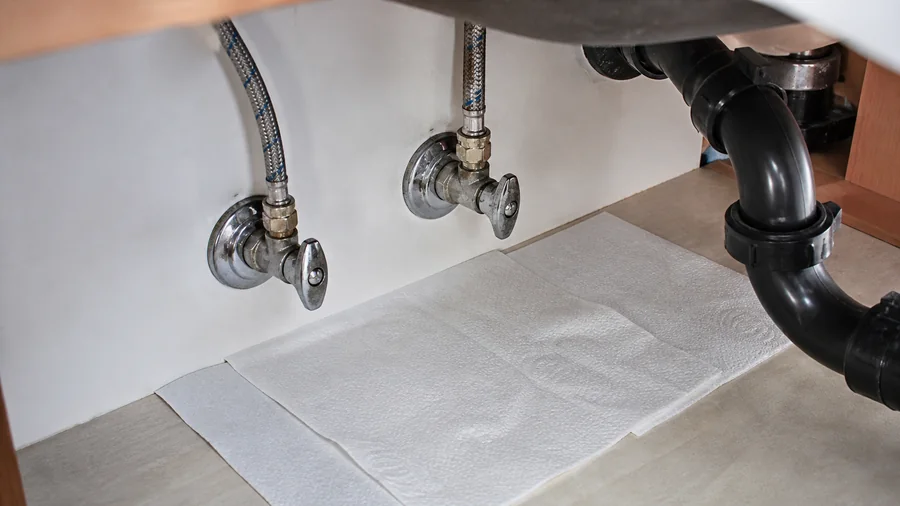 Sink faucet and cabinet area dried and checked for leaks at the spout, base, supply hoses, and drain