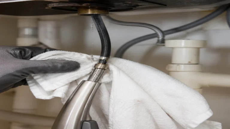 Pull-out kitchen faucet hose and spray head inspected for a leak