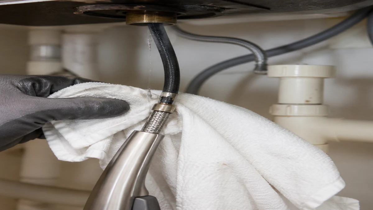 Pull-out kitchen faucet hose and spray head inspected for a leak