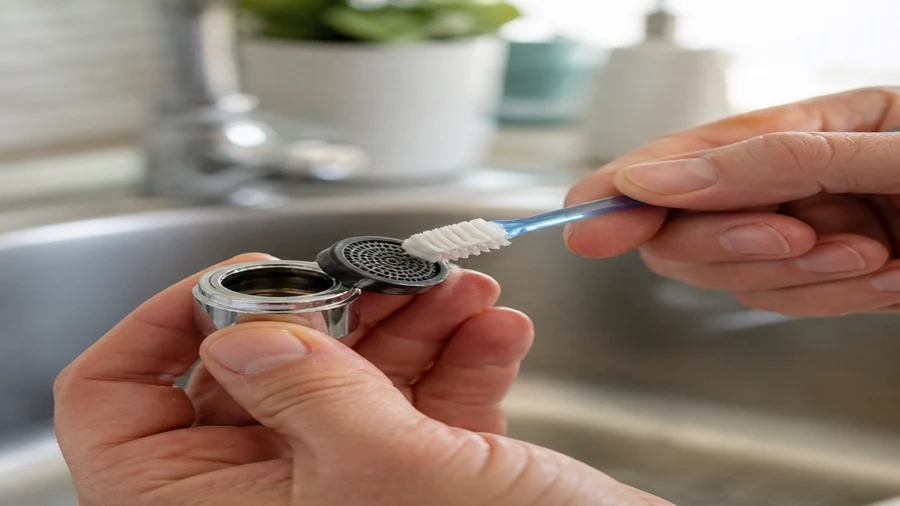 Faucet nozzle and aerator gasket inspected for a drip at the spout tip