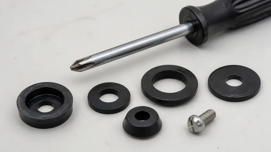 Compression faucet stem with rubber washer and retaining screw removed for a leak repair