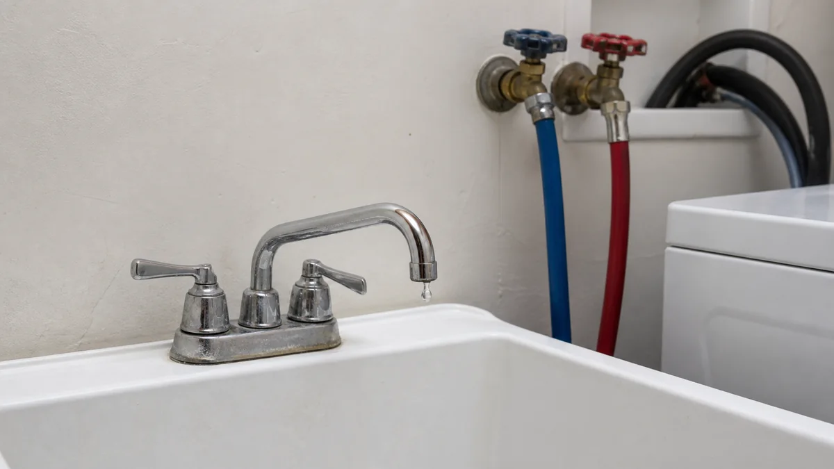 Laundry sink faucet and washer supply connections checked for leaks with a dry cloth