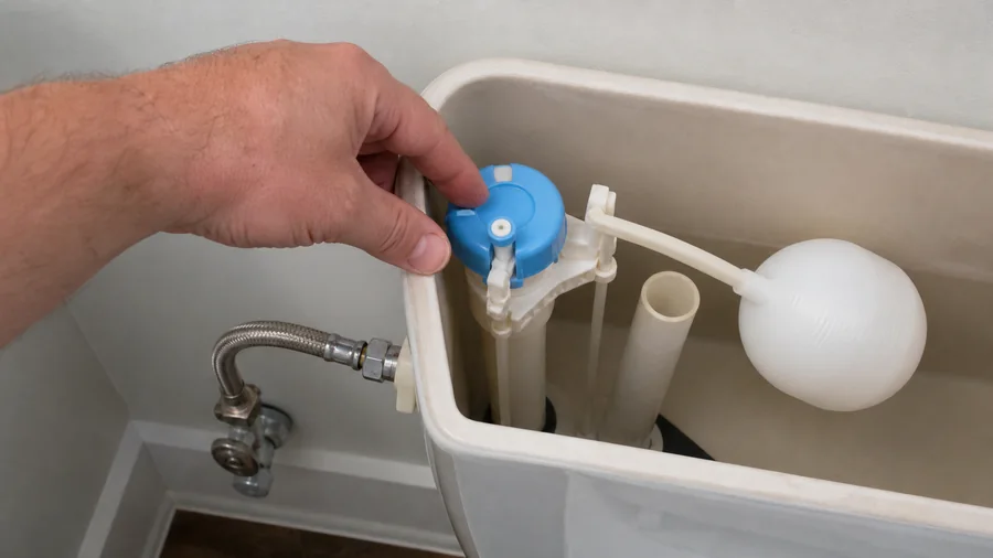 Empty toilet tank with fill valve and shutoff supply checked for a no-water refill problem