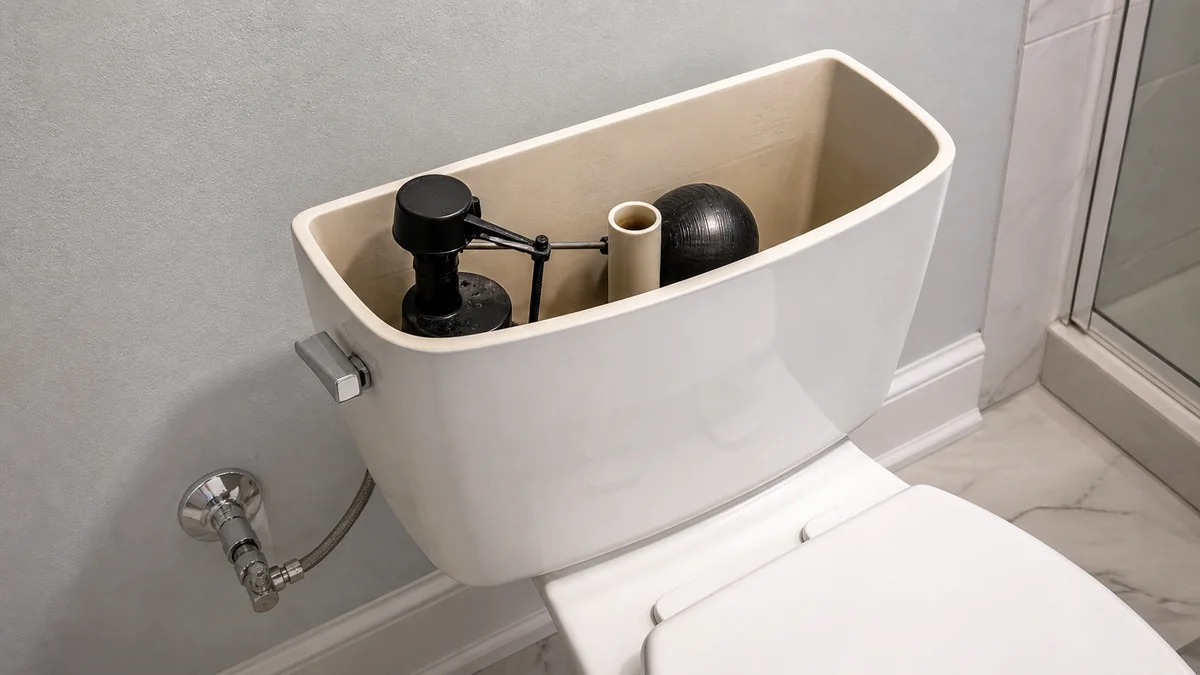 Empty toilet tank with fill valve and shutoff supply checked for a no-water refill problem
