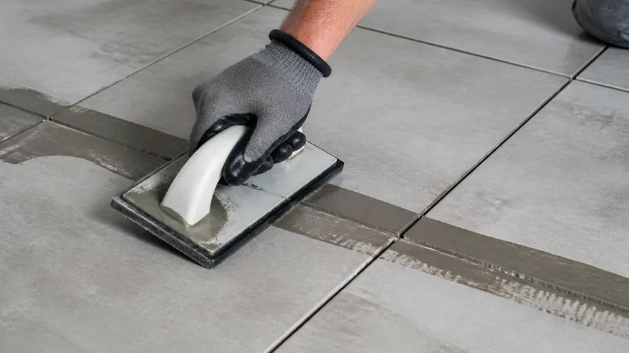 Hand using a grout removal tool carefully between ceramic tile joints while protecting tile edges