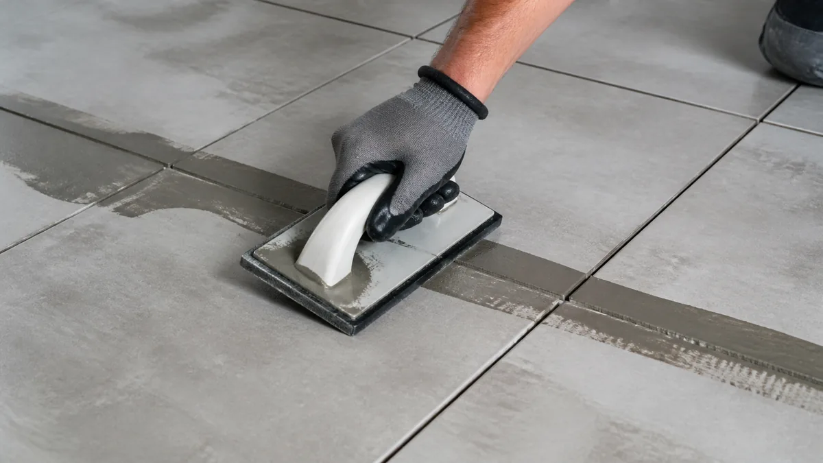 Hand using a grout removal tool carefully between ceramic tile joints while protecting tile edges