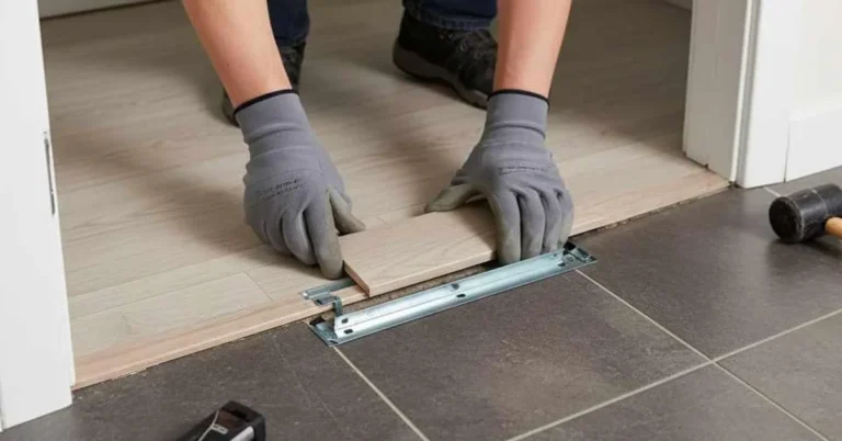 Installing a metal threshold track at a doorway between laminate and tile floors