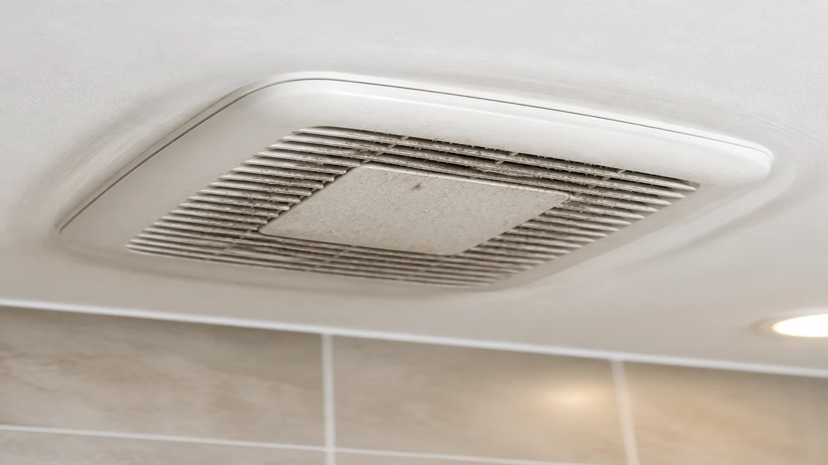 Dusty bathroom fan grille and breaker panel used to illustrate electrical warning signs