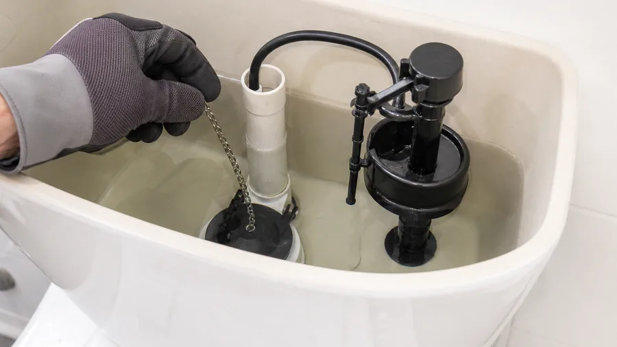 Toilet tank repair showing a flush seal, fill valve, and water-level check for a running toilet