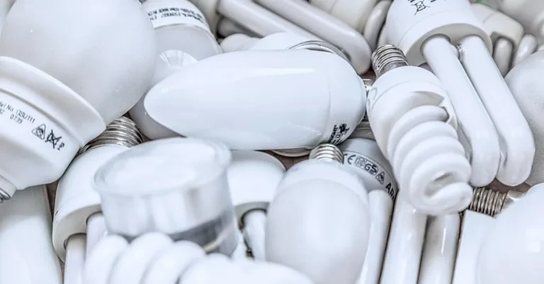 Pile of used LED and CFL light bulbs collected for hazardous waste recycling