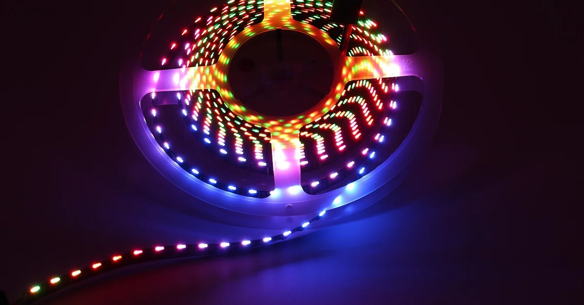 LED strip light coil showing the plug-in power connector and adapter cable