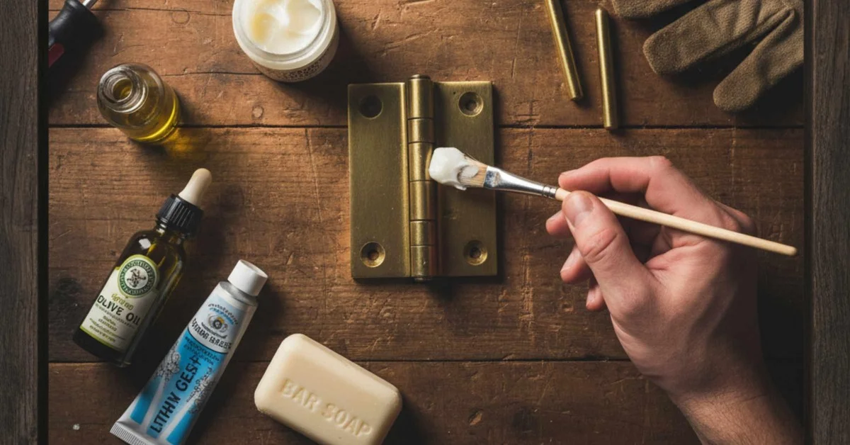 applying oil to a squeaky door hinge with a brush