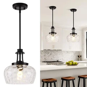 Matte black pendant light fixture with hammered glass shade