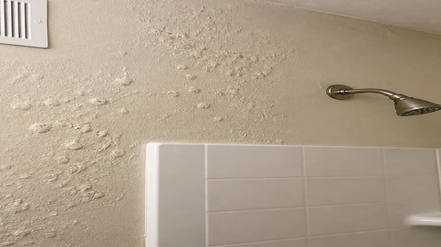 Bubbling bathroom wall paint near a shower inspected for moisture sources