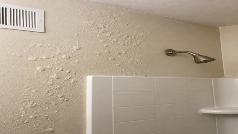 Bubbling bathroom wall paint near a shower inspected for moisture sources