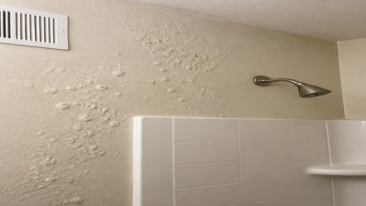 Bubbling bathroom wall paint near a shower inspected for moisture sources