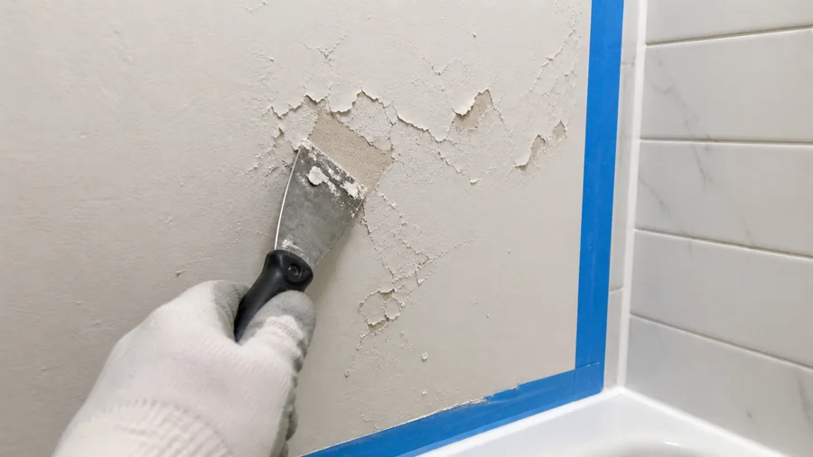 Bathroom shower wall with peeling paint and a ventilation fan used to reduce lingering moisture