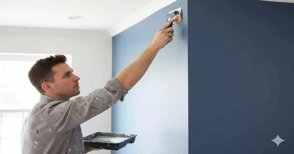 Painter cutting in a straight line with an angled edging tool where a wall meets the ceiling