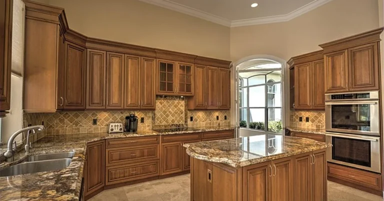 Polished granite kitchen countertop with a glossy sealed finish