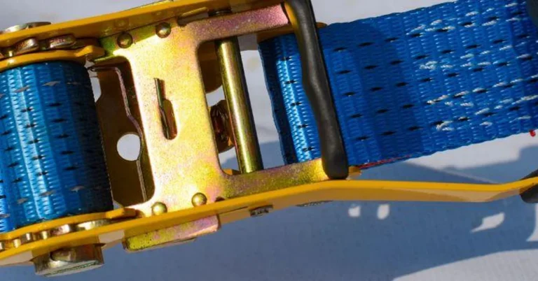 Close-up of a ratchet strap tensioning mechanism