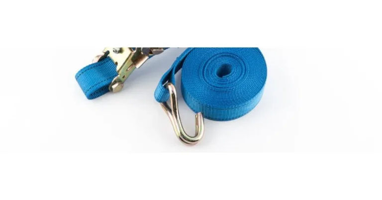 Blue ratchet strap tie down with hook closeup