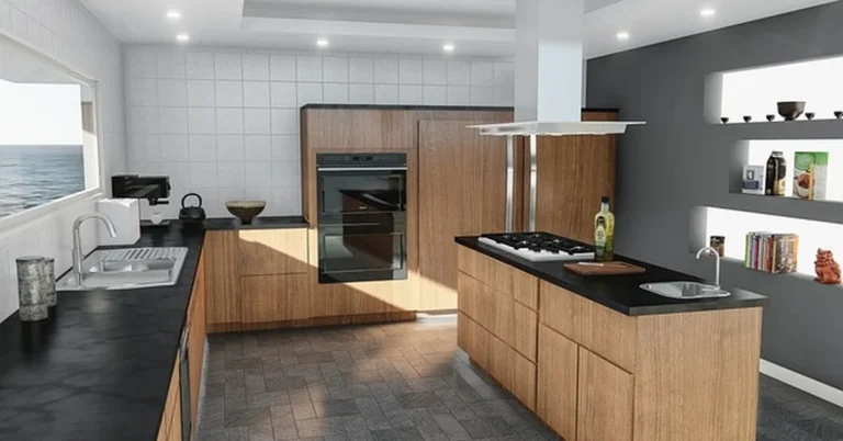 Evenly spaced recessed lights along a kitchen ceiling