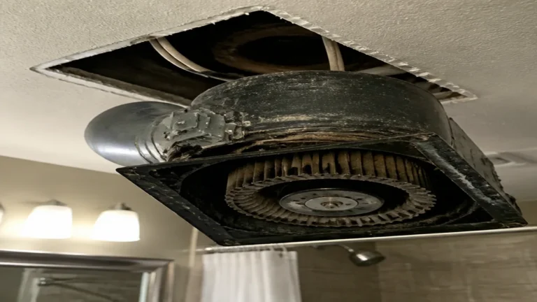Old bathroom fan housing and replacement motor compared during a noise repair
