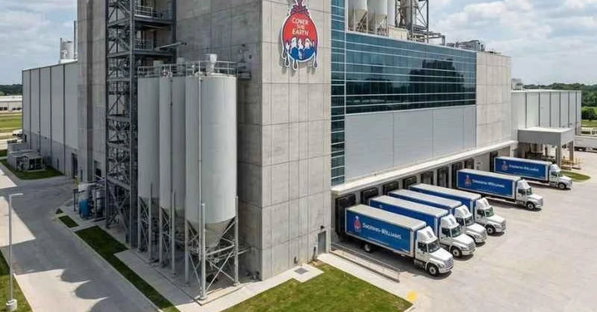 Sherwin-Williams paint manufacturing facility with delivery trucks