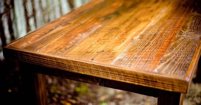 Close-up of a solid wood table showing natural grain and stain finish