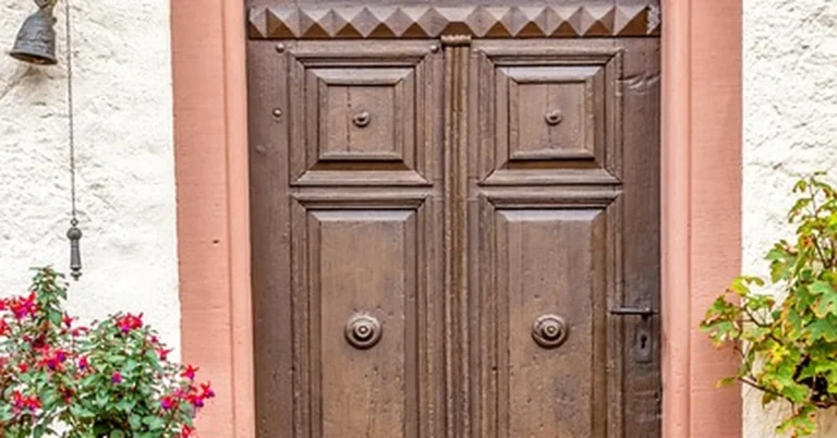 Carved brown wood main door design with paneled details and a warm teak-style finish