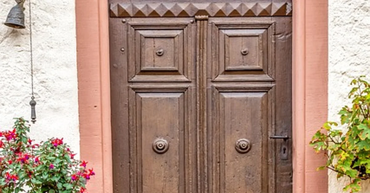 Carved brown wood main door design with paneled details and a warm teak-style finish