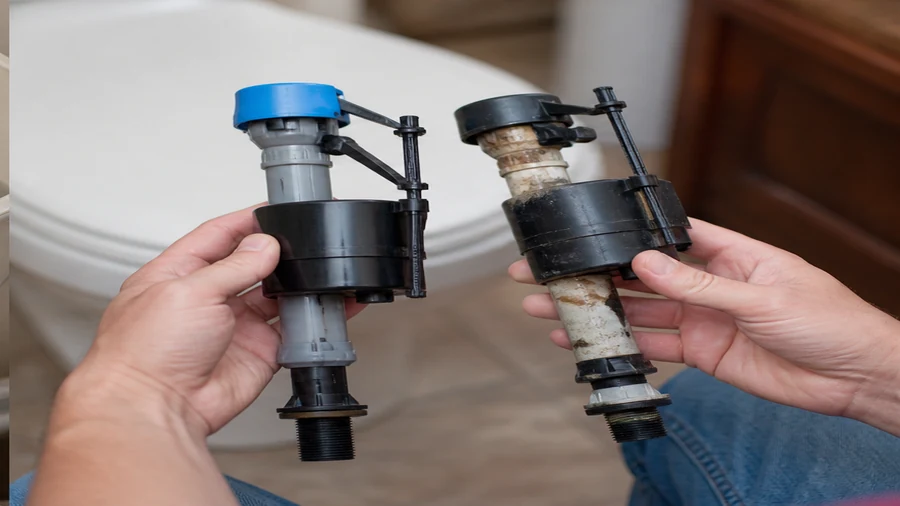 Toilet fill valve and cup float checked for water entering the overflow tube