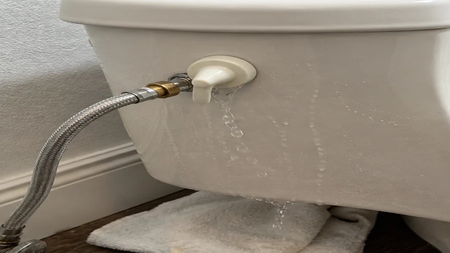 Toilet tank and water supply checked after running water and floor moisture appeared