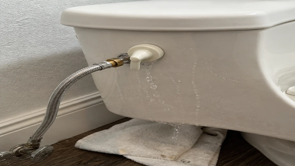 Toilet tank and water supply checked after running water and floor moisture appeared