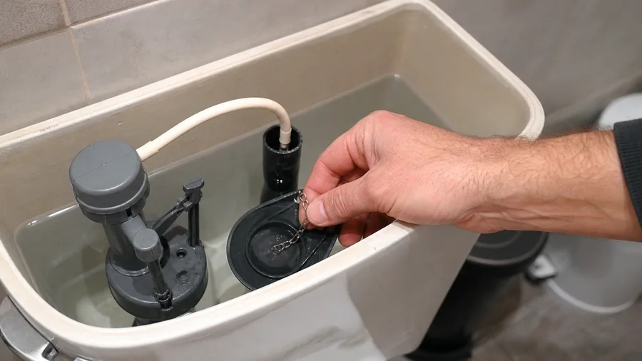 Commercial-style tankless toilet flushometer valve and bowl during a continuous running water diagnosis