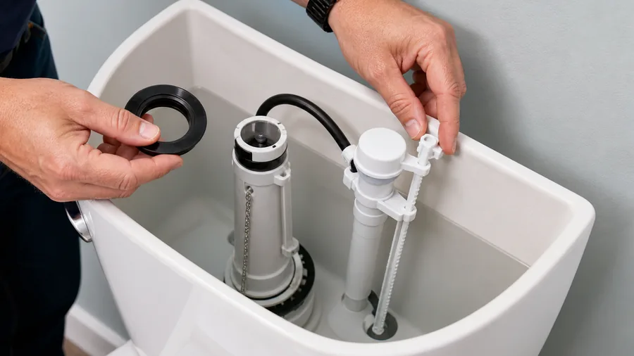 Modern toilet tank showing a flush tower, fill valve, and replacement seal during a repair check