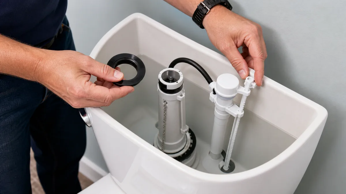 Modern toilet tank showing a flush tower, fill valve, and replacement seal during a repair check